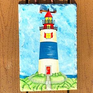 🆕HAND PAINTED LIGHTHOUSE SLATE KATHY HATCH 8”W x 12”L LEATHER STRAP 5” HANGER